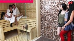 sauna video: Two Teens Learn How to Fuck at the Spa