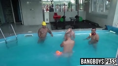 hunk video: Huge cock rock hard hunks group bareback fun by the pool