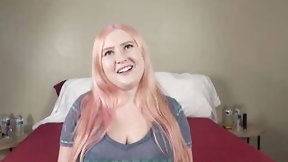 stud video: Chunky sweetheart with pink hair, Emma S is groaning during the time that having sex with a attractive stud