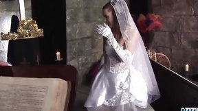 wedding video: Babe dark haired mom is a bride and she fucks inside front of the church altar