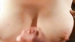 cum covered video: My wife pulls out her huge tits so I can jerk off all over them covering them in cum...