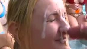 pool party video: Blonde Teen Gets Facialized in Front of her Friends at the Pool
