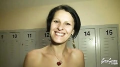 french in gangbang video: Christelle, libertine aux gros seins, baisée à la chaine devant