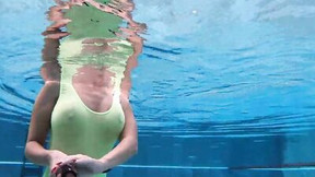 see through video: My transparent when wet one piece swimwear in public pool