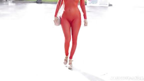 catsuit video: Morning walk in a transparent costume in public