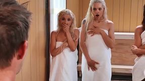 fffm video: Three sluts jumped on big cock right in sauna. Wild Orgy with hottest girls!