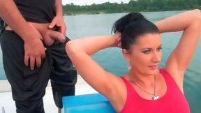 swimsuit video: Juicy black haired babe in swimming suit gets wild on the boat