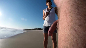 cfnm video: Nude amateur guy exposes his thick meat pole on the beach