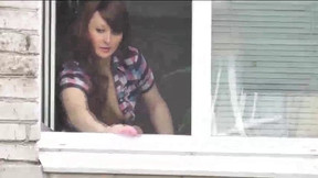 window video: Nude mom washes window sonnie stags on mommy. naked in public. snooping hidden cam