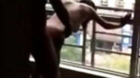 window video: Filming his wife gets fucked at open window