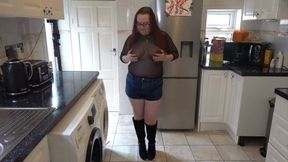 pantyhose video: Denim shorts strip in Transparent top and boots