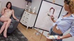 artistic video: With the college semester coming to an end, sexy blonde artist Shona River hires brunette model, Elena Vega, to pose naked for a portrait
