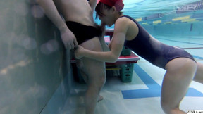 underwater video: Japanese schoolgirls give swim coach underwater blowjob