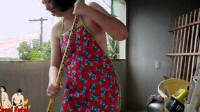 balcony video: Nudist housewife cleaning balcony
