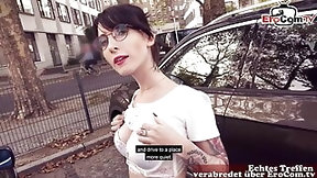 german teen video: Skinny German Teen with glasses picked up for a real sex date in a car