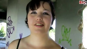 brunette video: Short-haired chubby MILF is having sex in an abandoned building