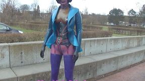 corset video: ORIGINAL SOUND! Latex Pierced Doll in Transparent Jeans, Stockings, Jacket gloves, Mask & Corset Inserting Metall Butt Plug and Walks in Public PA