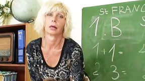 mature teacher video: Horny matured blonde teacher in stockings fingers at the classroom