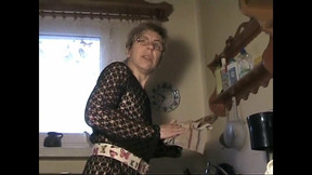 jerking video: Grandma in tights jerking off in the kitchen