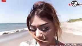 first time latina video: German Tourist outdoors pick up mexican Latina at beach EROCOM