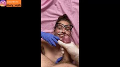 gloves video: My classmate in the medical gloves gets a big facial cumshot