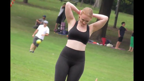 spandex video: Sexy Phat Ass White Girl blonde in tight lycra pants outdoor