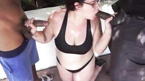 swimsuit video: Nerdy Floozy gives two bbc blowjobs at the resort pool