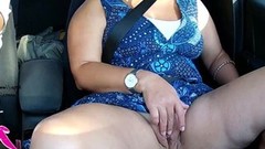public masturbation video: While he drives I play with my shaved pussy