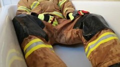 firefighter video: Piss over my golden firefighter gear in shower