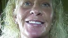 granny video: Nasty mature with blonde, curly hair is getting fucked all night long and eating loads of cum
