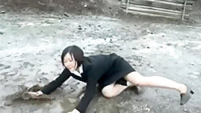 asian in public video: Muddy japanese office girl.