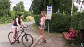 bicycle video: Svelte really horny Lexi Rain turns bike fun into lesbian sex outdoors