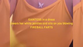 giantess video: GIANTESS in a dress lowers her white panties and sits on you blowing FIREBALL FARTS