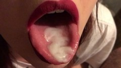 gamer girl video: Teen red lipstick closeup blowjob, cum on tongue and swallow