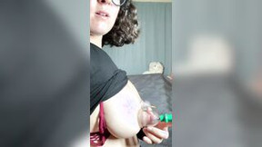 lactating video: Bunny women sprays milk, shocks her twat and plays with booty till orgasm