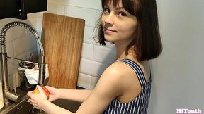 adorable video: Sweet babe fucks better than wash dishes
