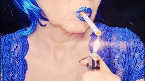 smoking fetish video: MILF smoking Marlboro Menthol 100 with sexy mystic blue lips and blue wig