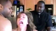 interracial gangbang video: Wfie fucked hard in kitchen by two Black guys