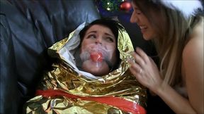 gagged video: Ball Gagged Girl Wrapped Up As A Mummified Christmas Present
