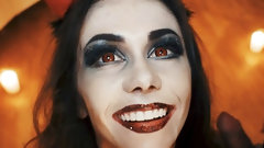 halloween video: Italian girl Mia Bandini with red devil horns spends Halloween enjoying sex