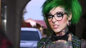 dyed hair video: Punk babe begs to cum on her big tattooed tits