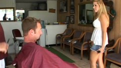 hairdresser video: Busty barber Payge fucks her client at work