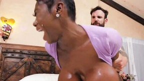 black video: Two ebony girls and one white guy in interracial 3some scene
