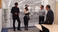 asian stockings video: Fashionable Asian girl fucks three guys in the office