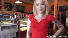 waitress video: Petite waitress Dakota Skye wants customers cum in mouth
