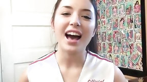 shaved asian video: Slender dark haired cheerleader Daisy Haze plays inside her vagina with