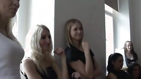 reverse gangbang video: Lucky guy is surrounded by a couple of randy college babes in a reverse gangbang