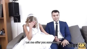 bride video: DEBT4k. Curly blonde is loving sex while cuckold groom is