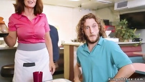 restaurant video: Dude bangs huge naturals mature waitress