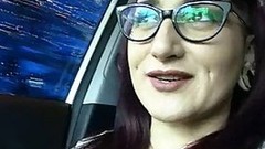 masturbation solo video: Lusty chick with glasses and tattoos is masturbating in the car and moaning while cumming